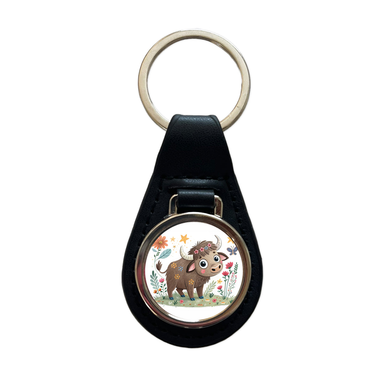 Bison Buffalo Children's Illustration Style Black Leather Metal Keychain