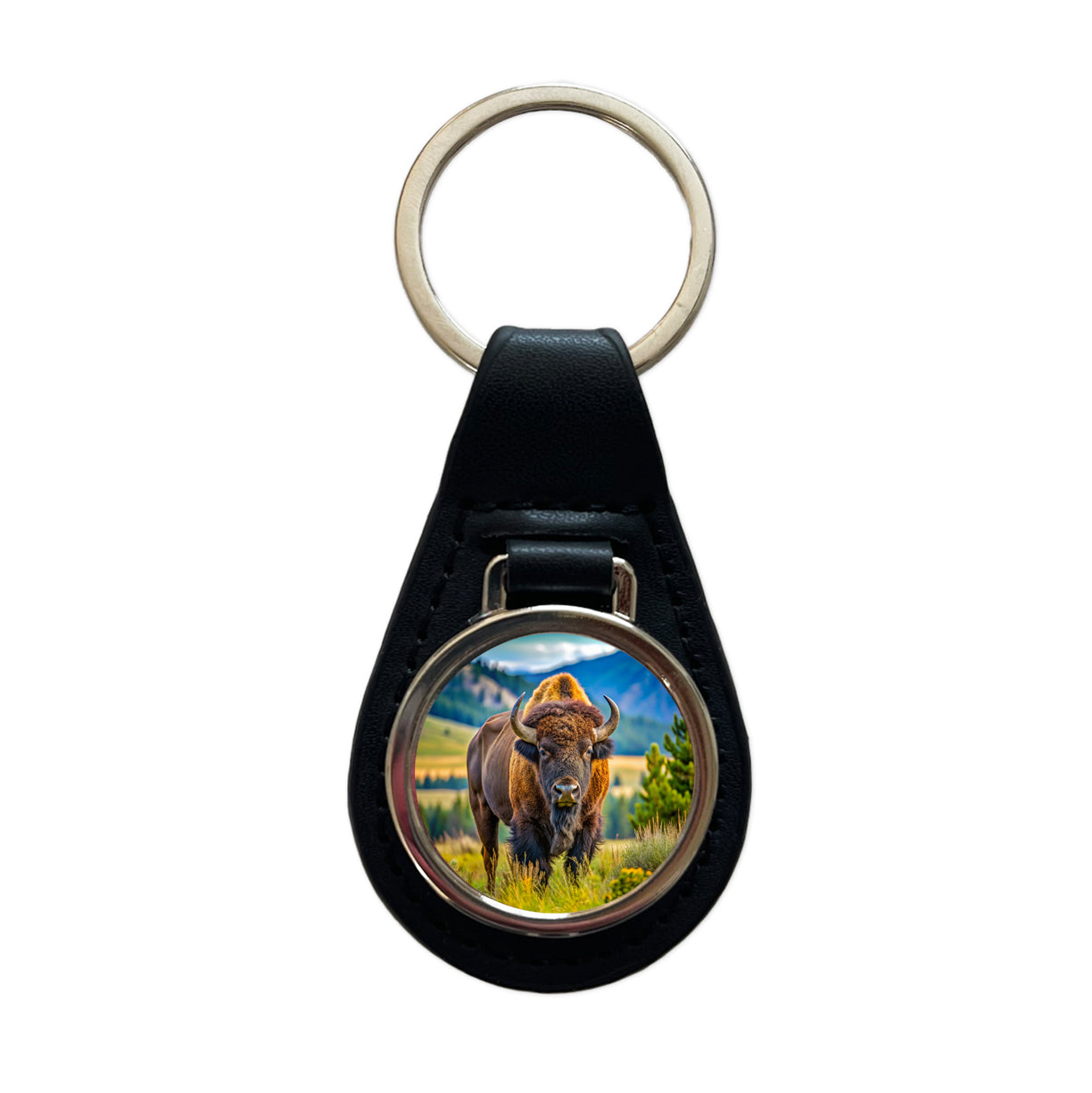 Bison Buffalo Black Leather Metal Keychain