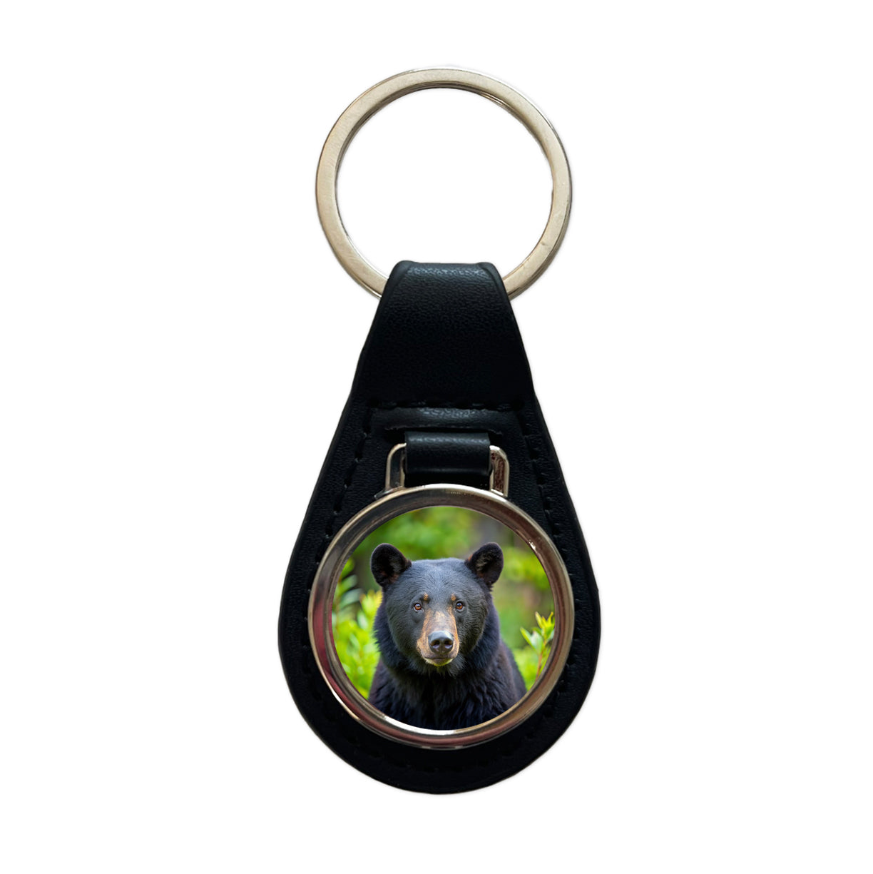 Black Bear Black Leather Metal Keychain