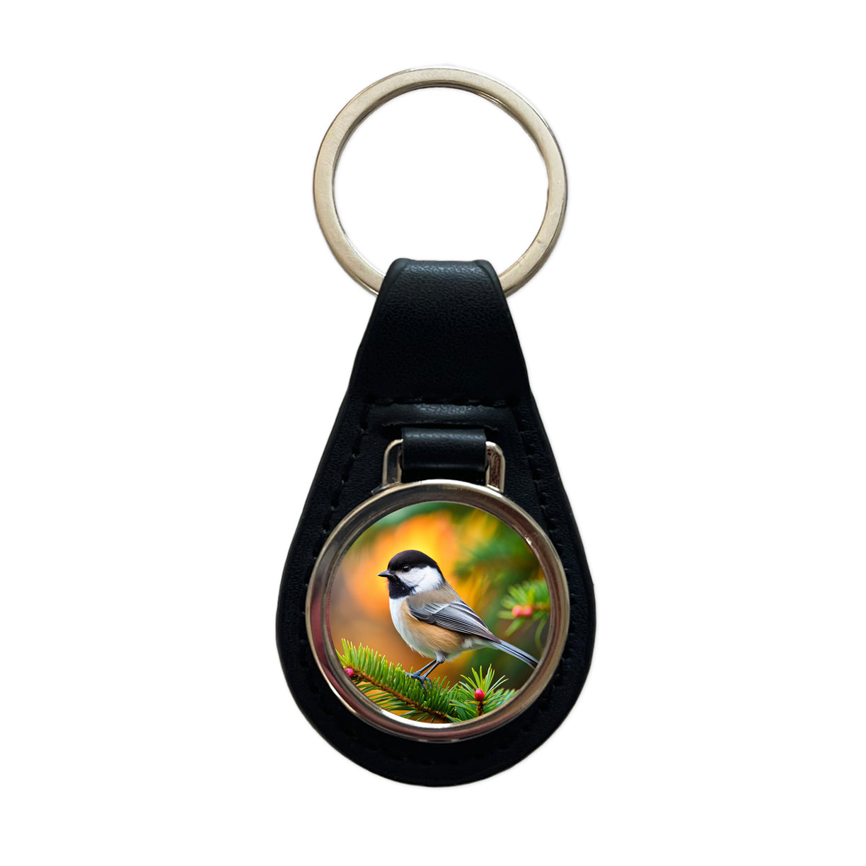 Black Capped Chickadee Backyard Bird Black Leather Metal Keychain