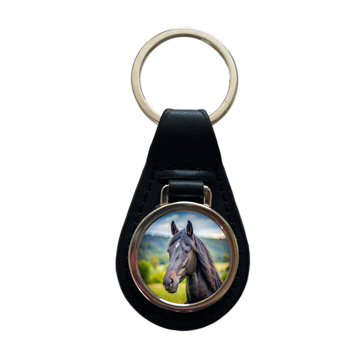Black Horse Face Black Leather Metal Keychain