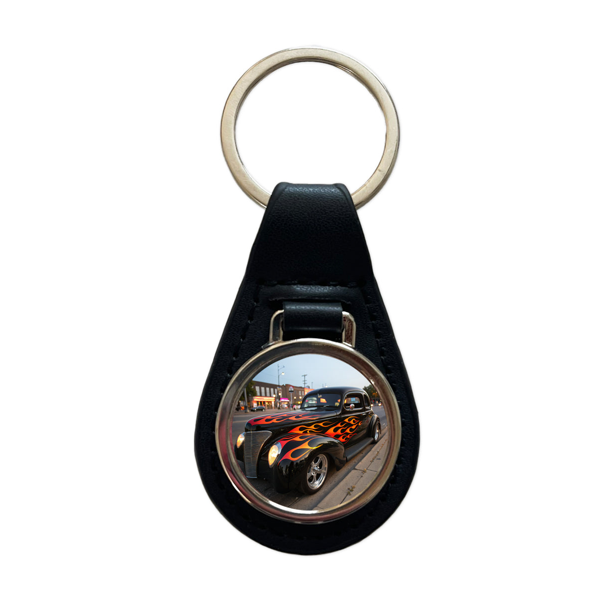 Black Hot Rod Classic Car With Flames Black Leather Metal Keychain