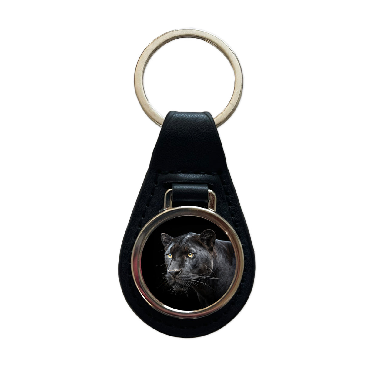 Black Panther Face Black Leather Metal Keychain