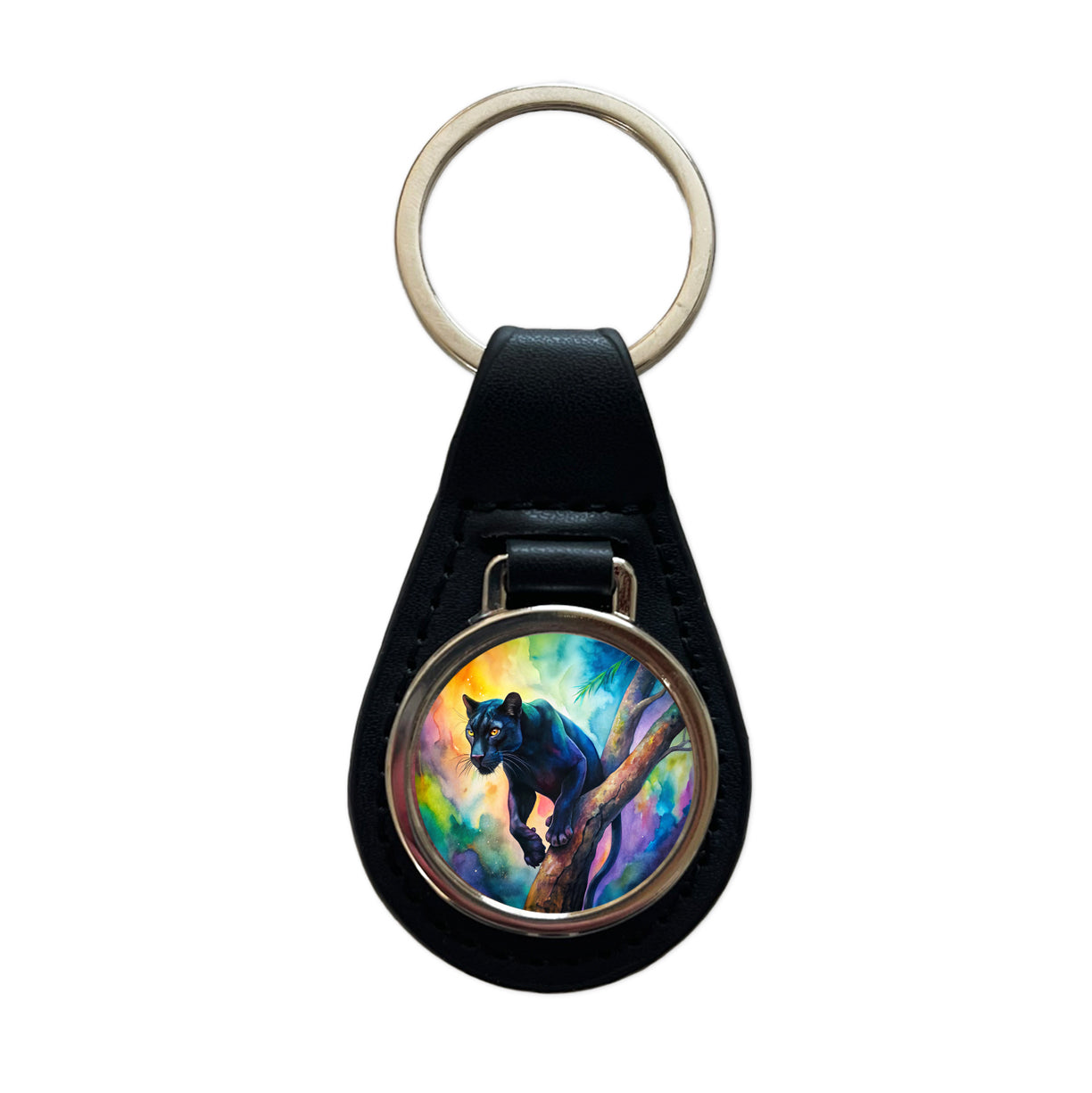 Black Panther In Tree Watercolor Black Leather Metal Keychain