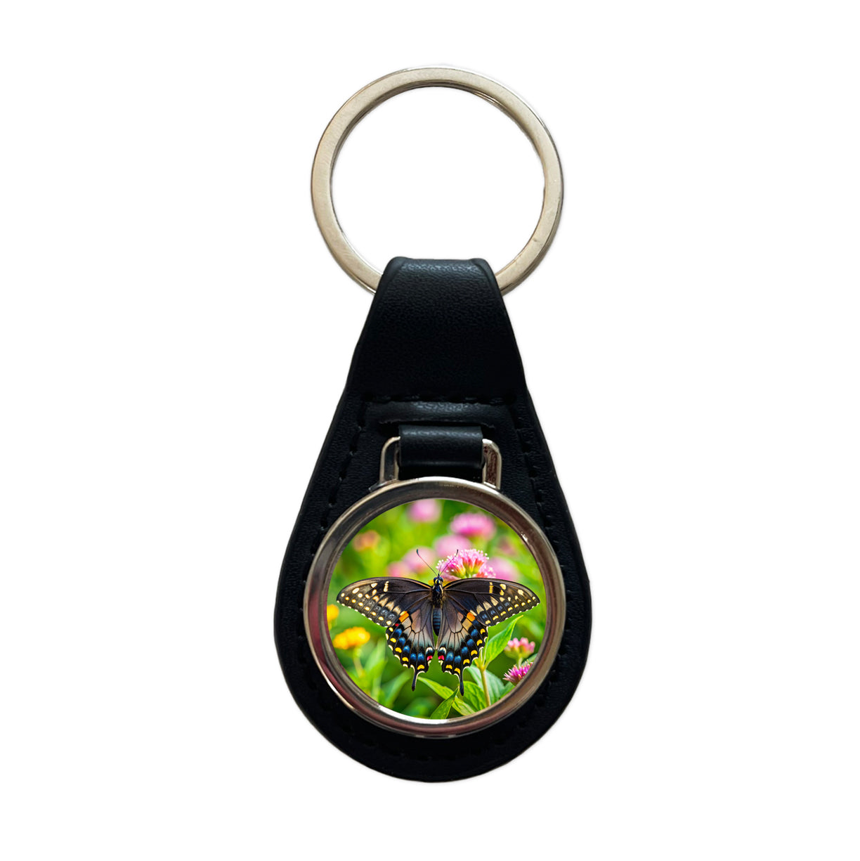 Black Swallowtail Butterfly Black Leather Metal Keychain