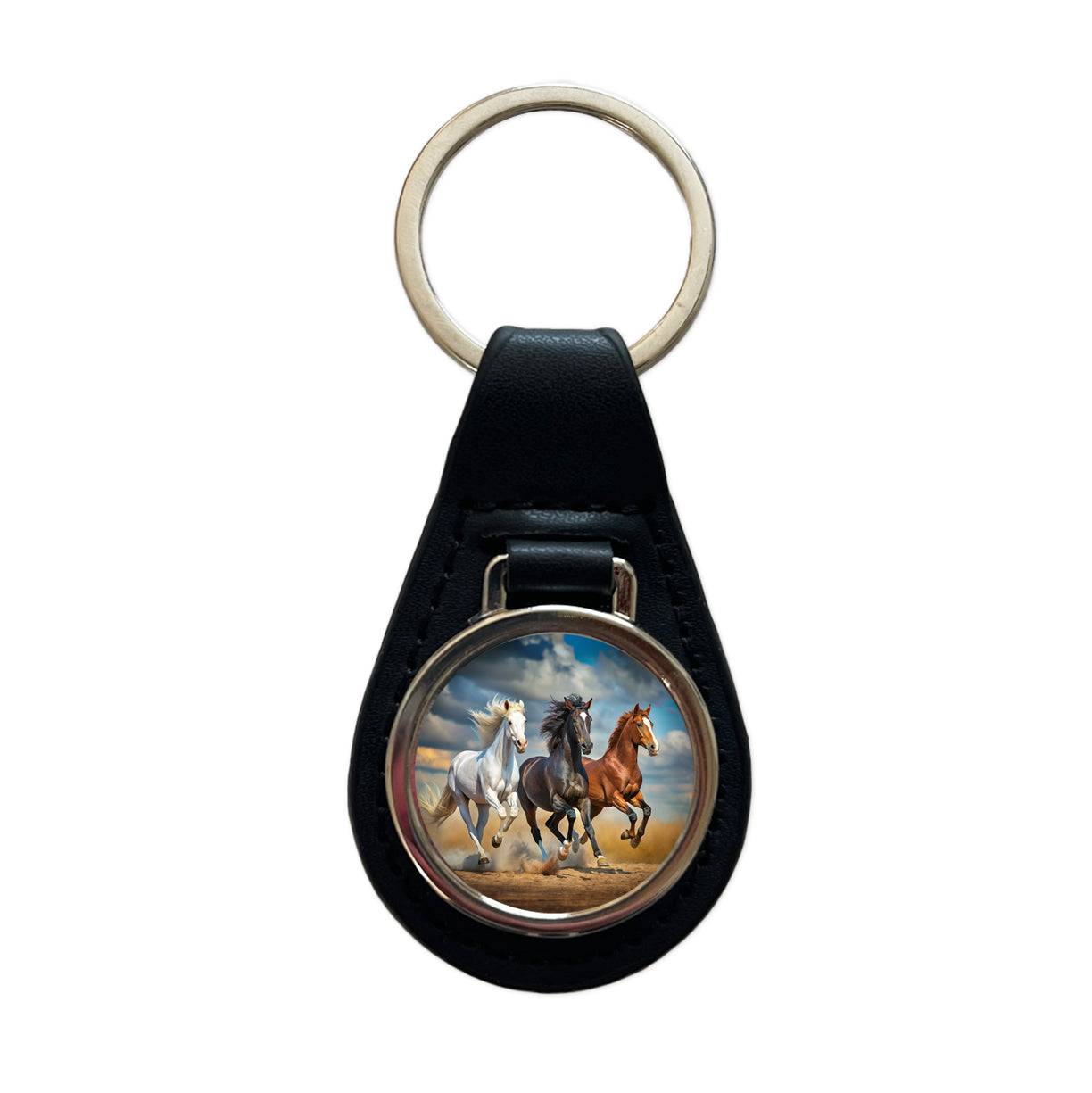 Black White and Brown Horses Galloping Black Leather Metal Keychain
