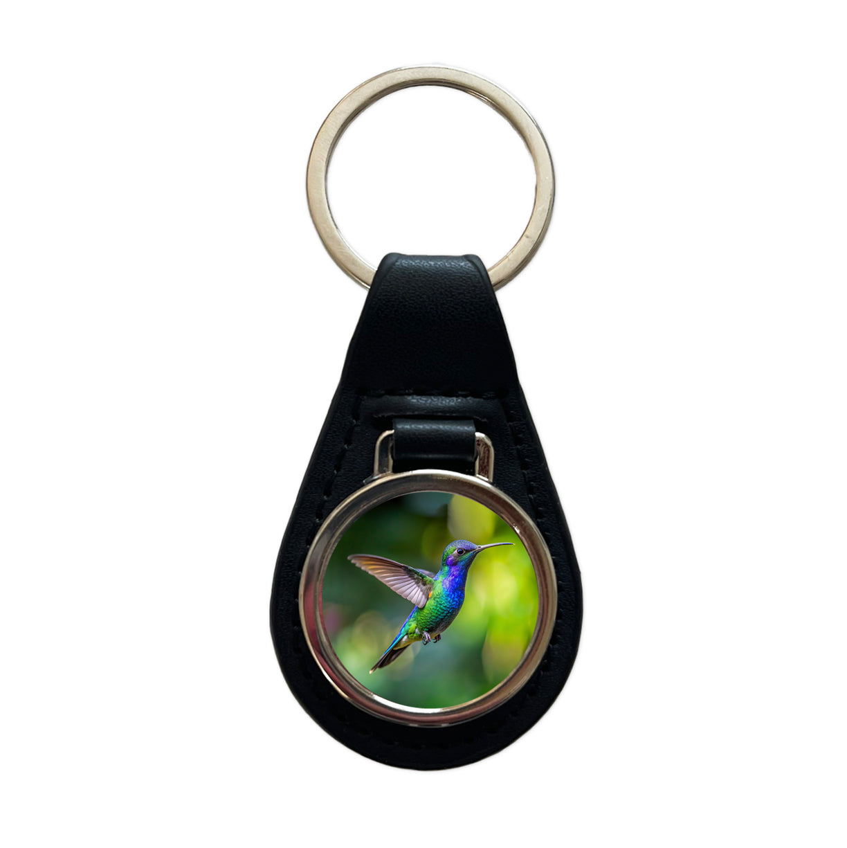 Blue Chinned Sapphire Hummingbird Backyard Bird Black Leather Metal Keychain