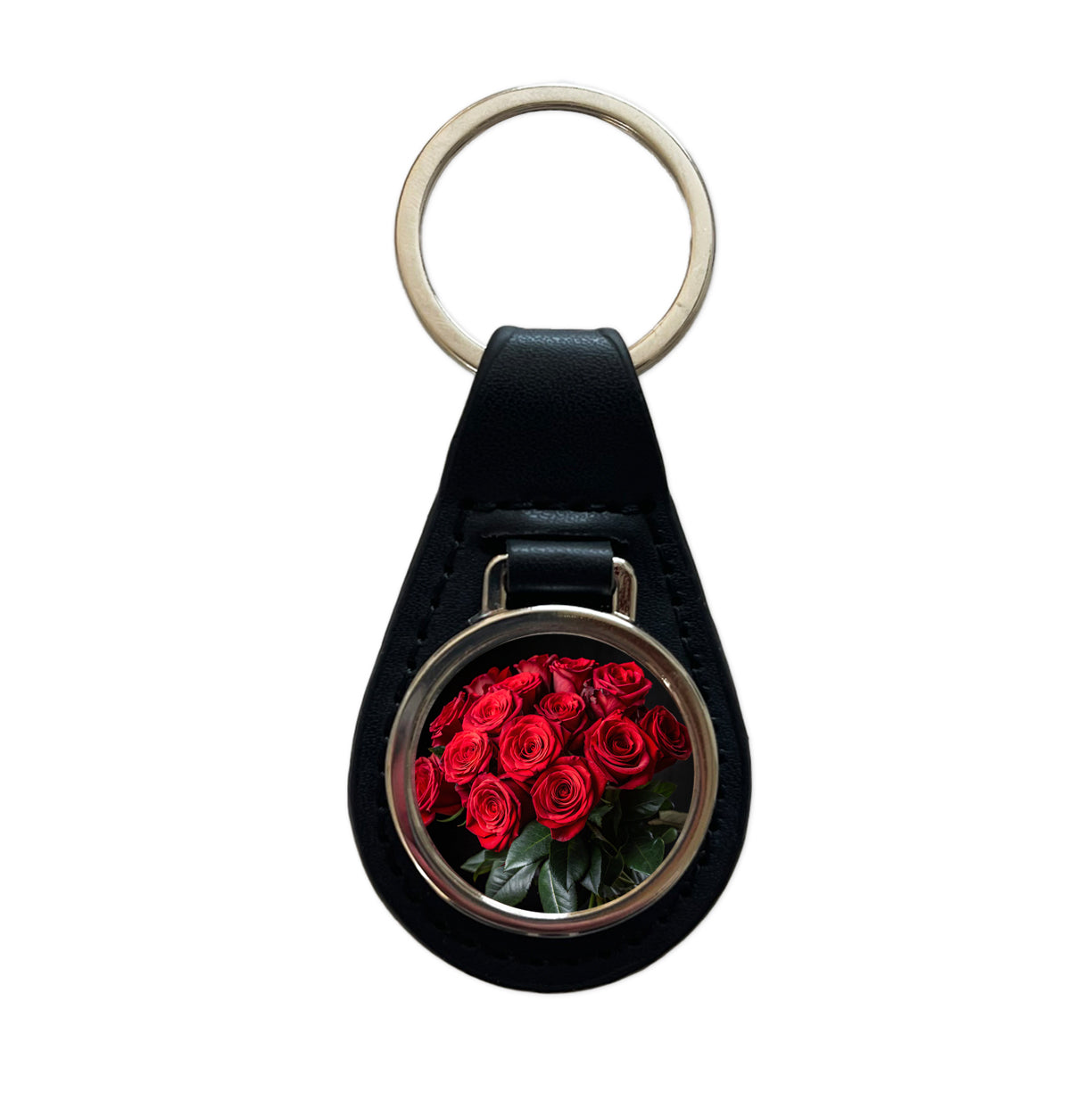 Bouquet Of Red Roses Love Valentine's Day Black Leather Metal Keychain