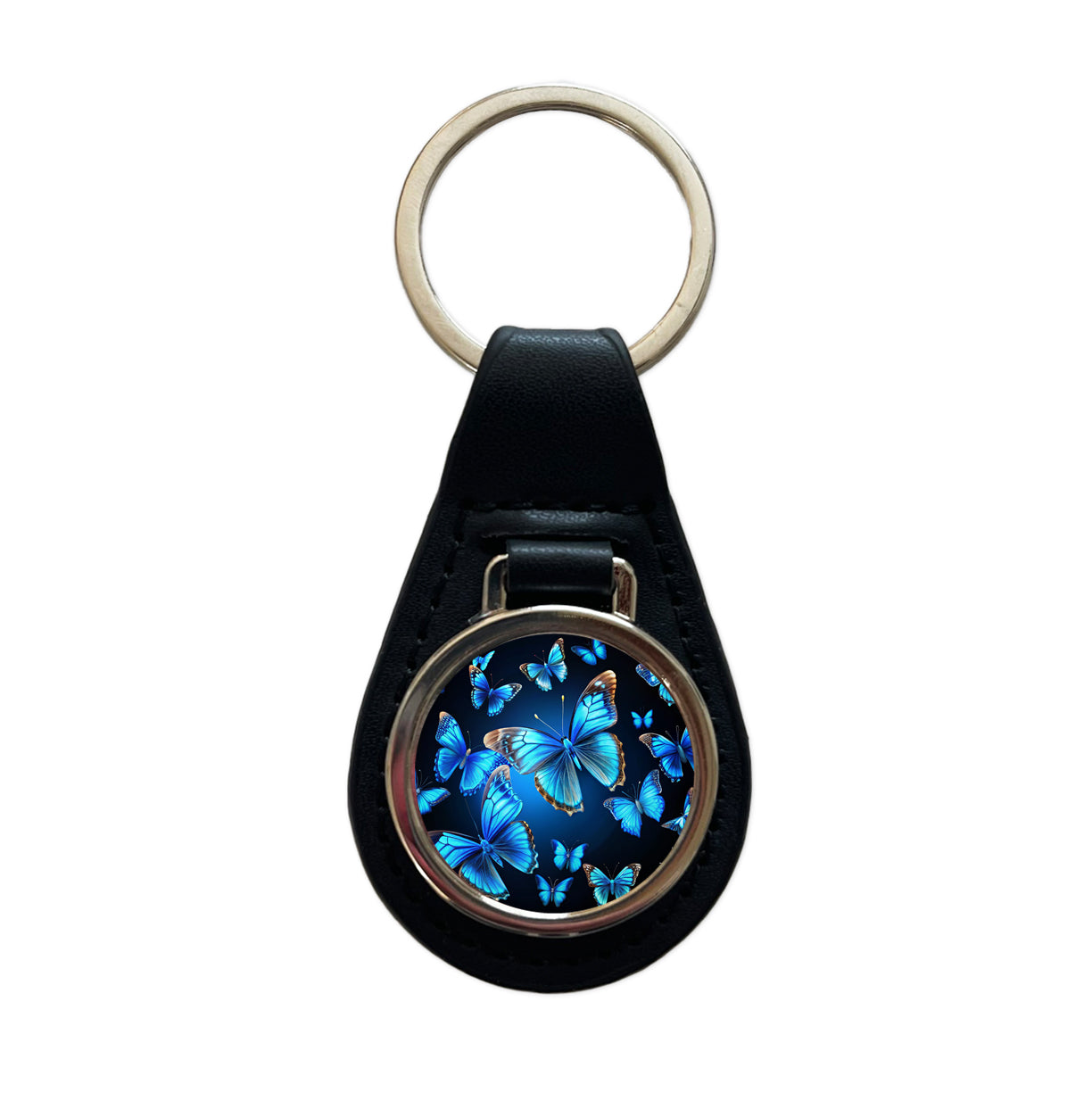 Bright Neon Blue Butterflies Black Leather Metal Keychain