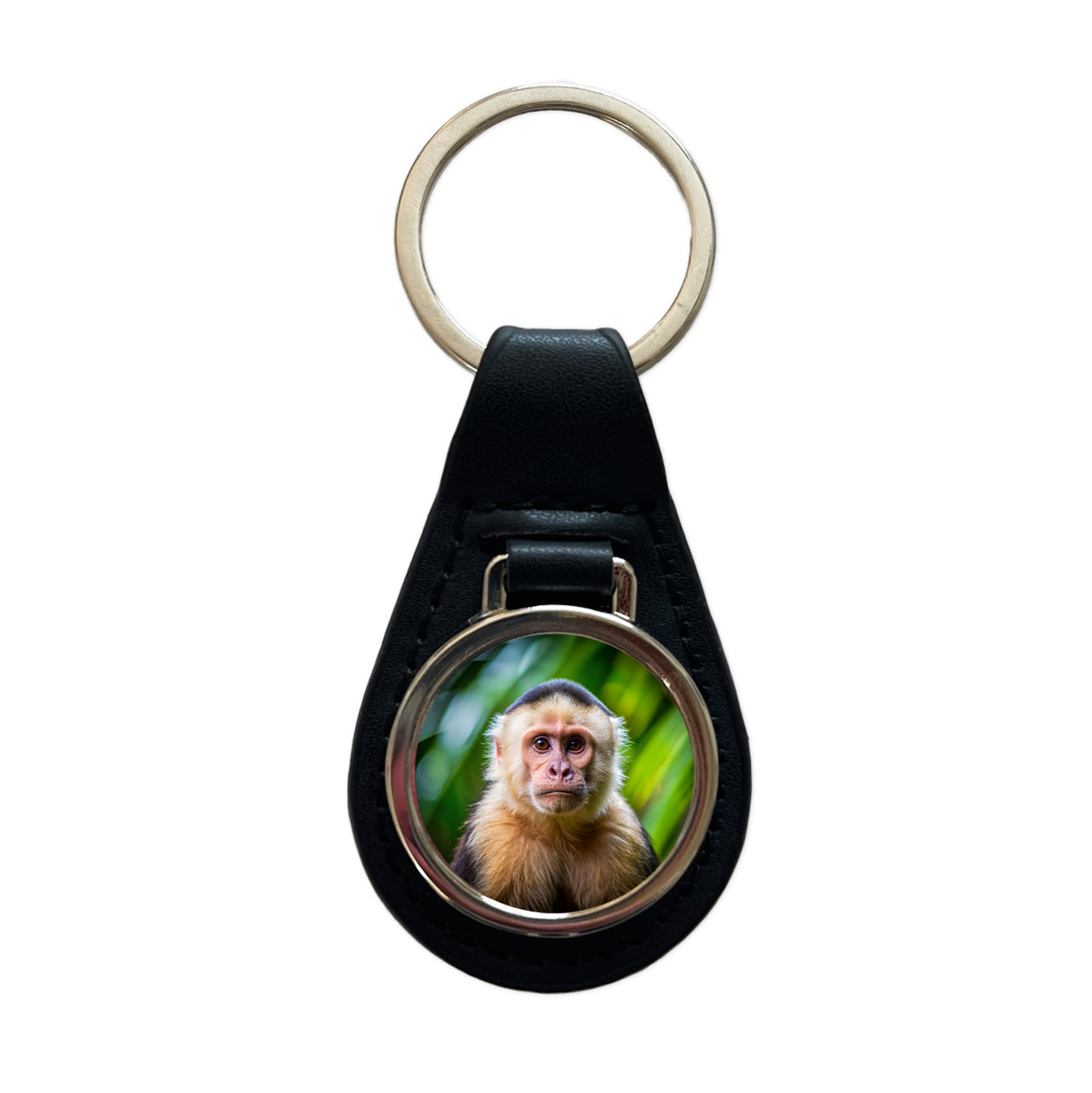 Capuchin Monkey Black Leather Metal Keychain