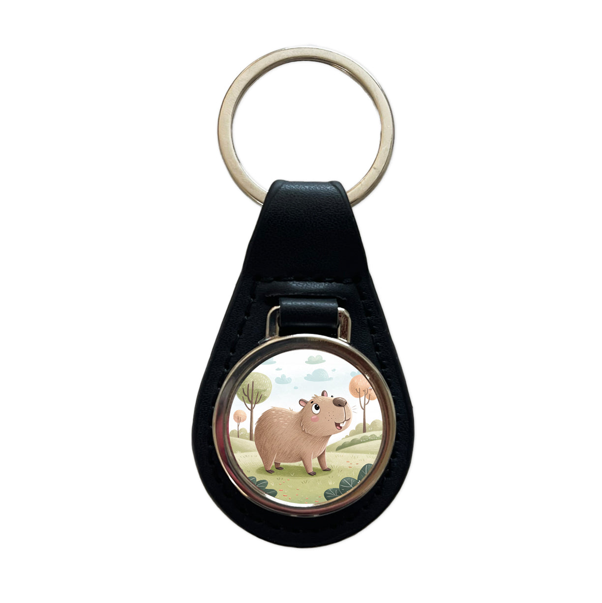 Capybara Children's Illustration Style Black Leather Metal Keychain