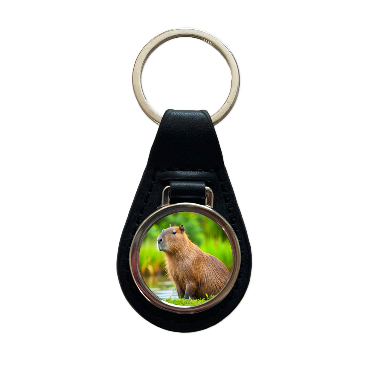 Capybara Black Leather Metal Keychain