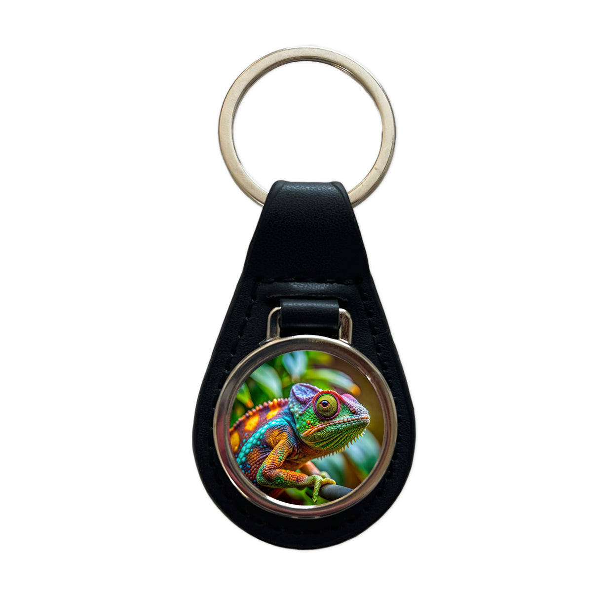 Chameleon Lizard Reptile Black Leather Metal Keychain