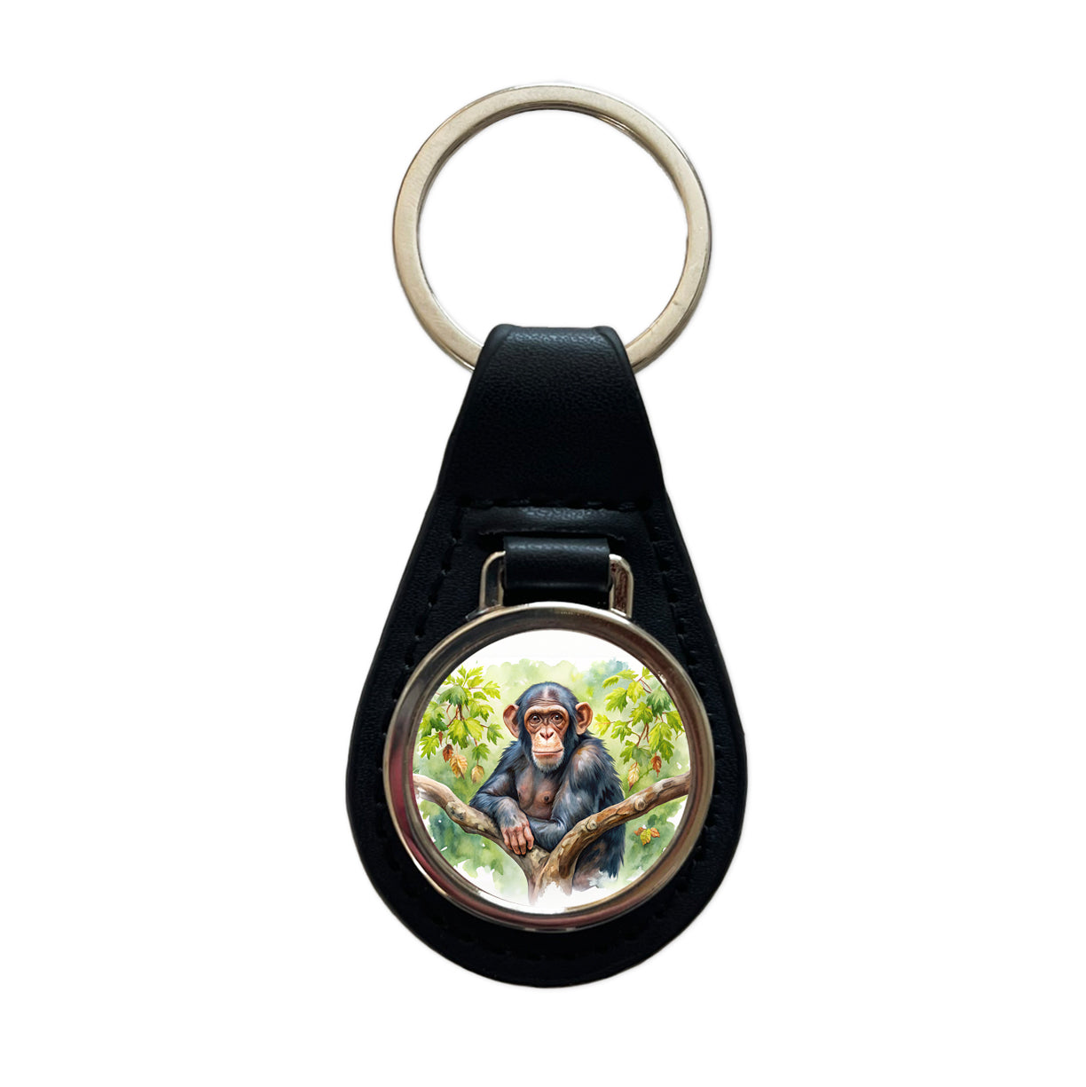 Chimpanzee Monkey In Tree Watercolor Black Leather Metal Keychain