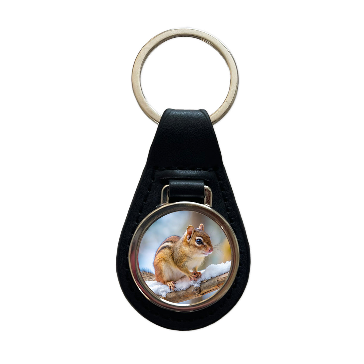 Chipmunk On Branch In Winter Black Leather Metal Keychain
