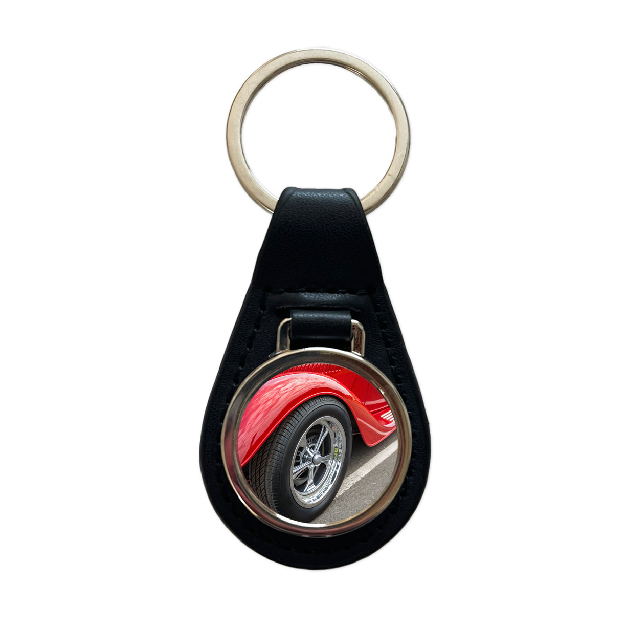 Classic Red Hot Rod Car Black Leather Metal Keychain
