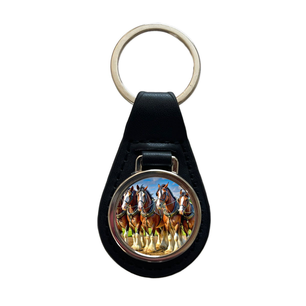 Clydesdale Horses Black Leather Metal Keychain