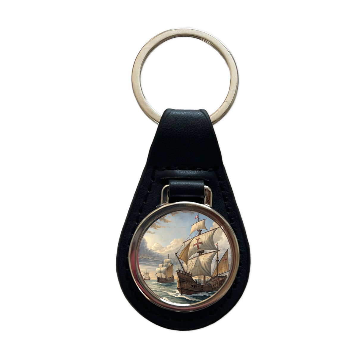 Columbus's Ships Nina, Pinta, And The Santa Maria Black Leather Metal Keychain