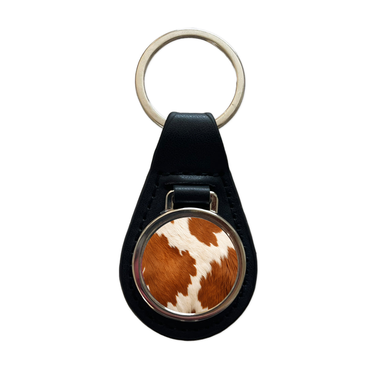 Cow Pattern Brown and White Black Leather Metal Keychain