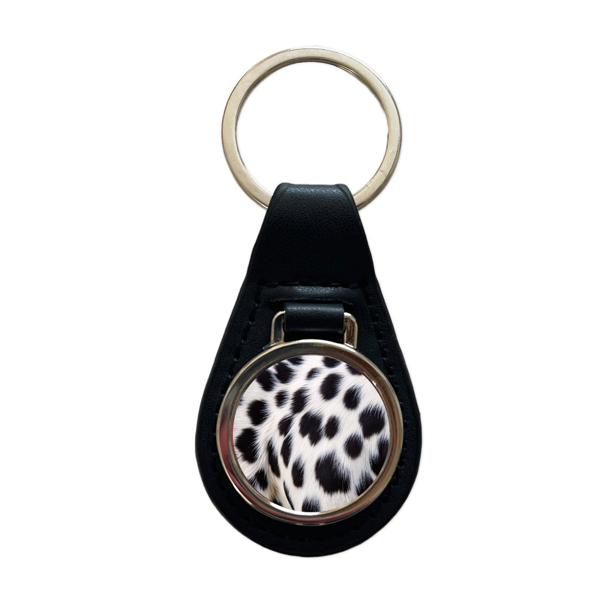 Dalmatian Dog Fur Spotted Pattern Black Leather Metal Keychain