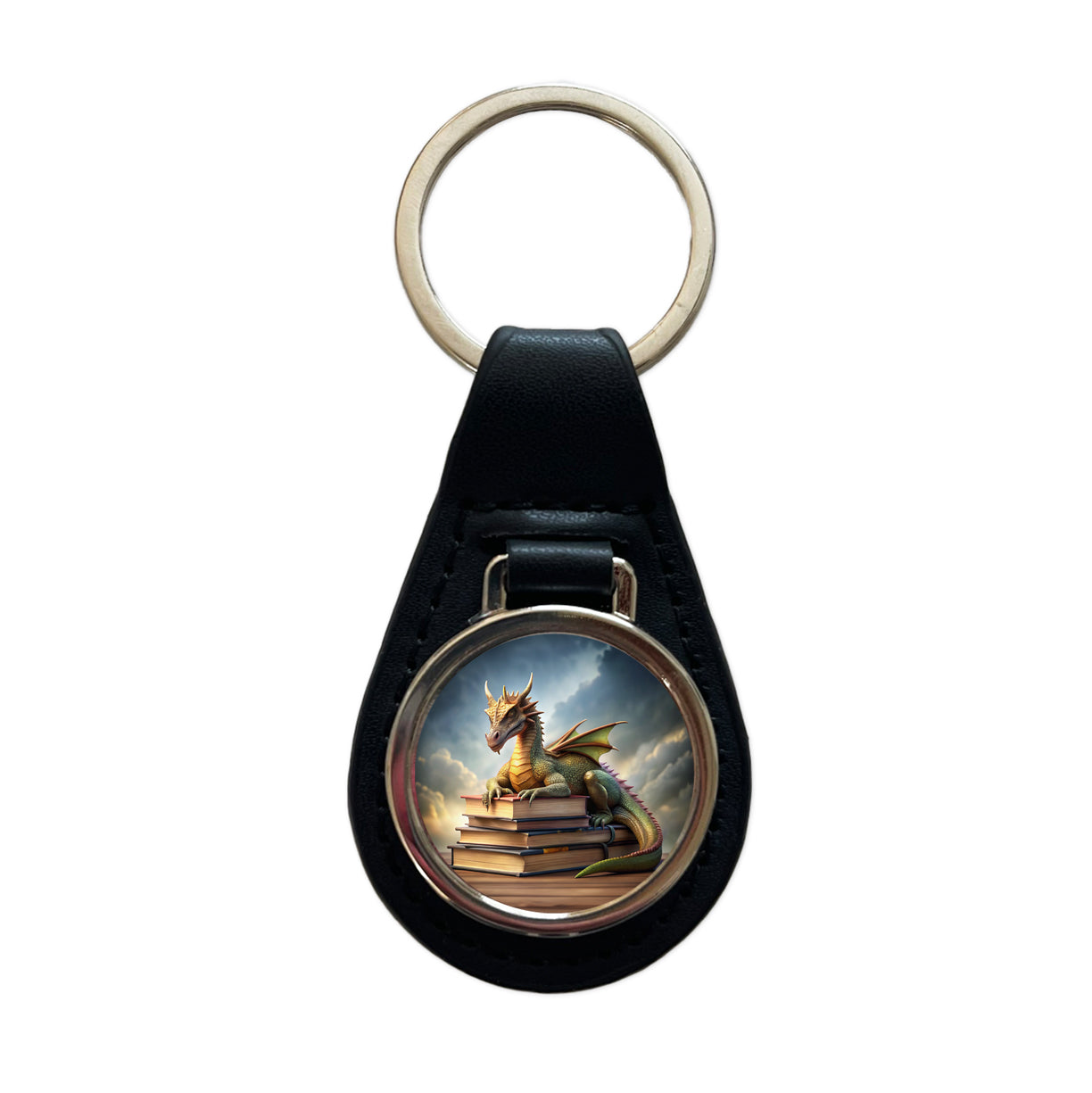 Dragon Laying On Top Of Books Reading Black Leather Metal Keychain