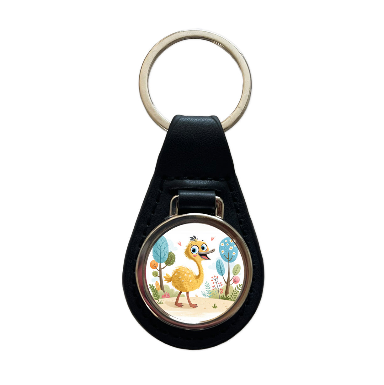 Emu Children's Illustration Style Black Leather Metal Keychain