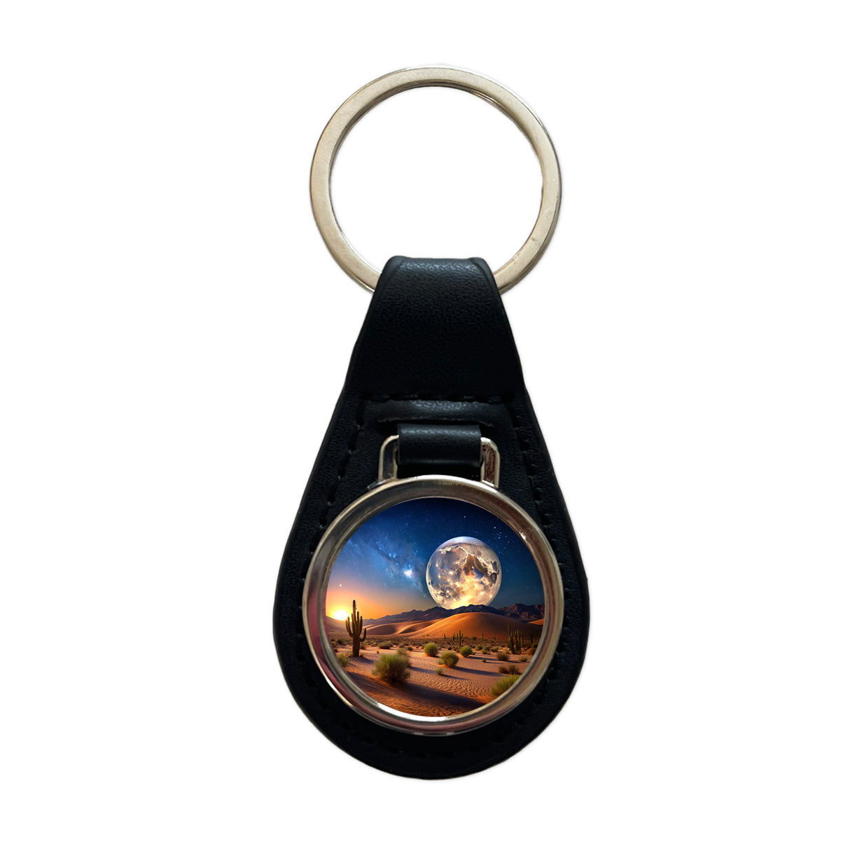 Full Moon Over The Desert Black Leather Metal Keychain