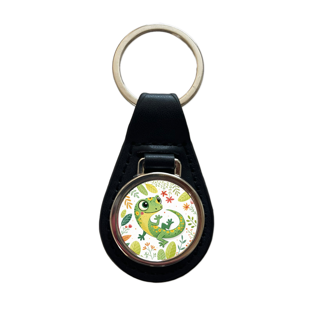 Gecko Lizard Children's Illustration Style Black Leather Metal Keychain