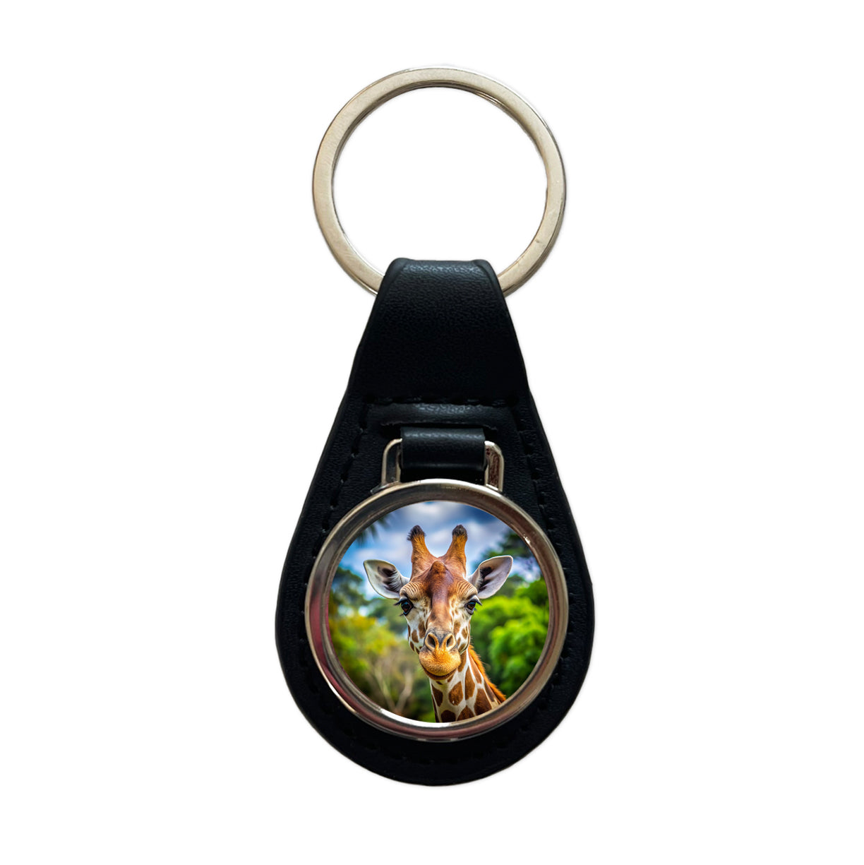 Giraffe Face Black Leather Metal Keychain