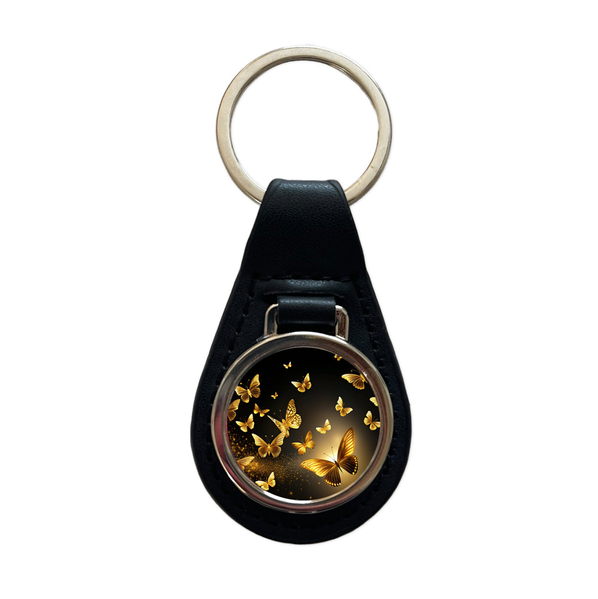 Gold Butterflies Flying Black Leather Metal Keychain