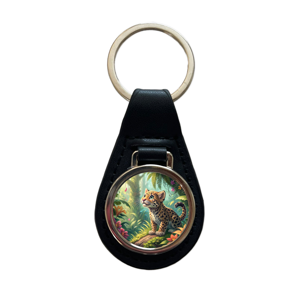Jaguar Cat In Jungle Children's Illustration Style Black Leather Metal Keychain