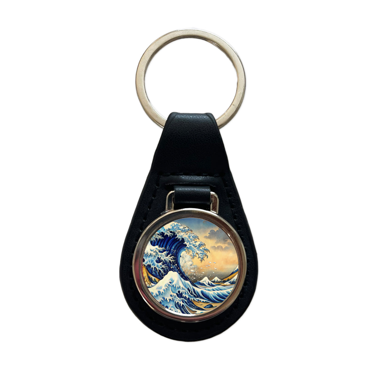 Japanese Blue Ocean Waves Ink Painting Black Leather Metal Keychain