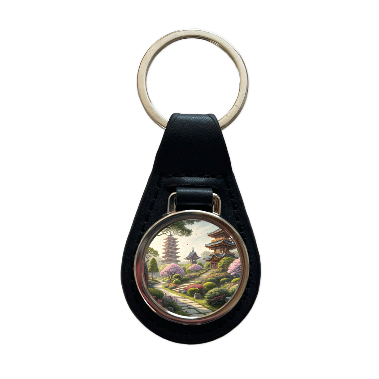 Japanese Garden With Pagodas Black Leather Metal Keychain