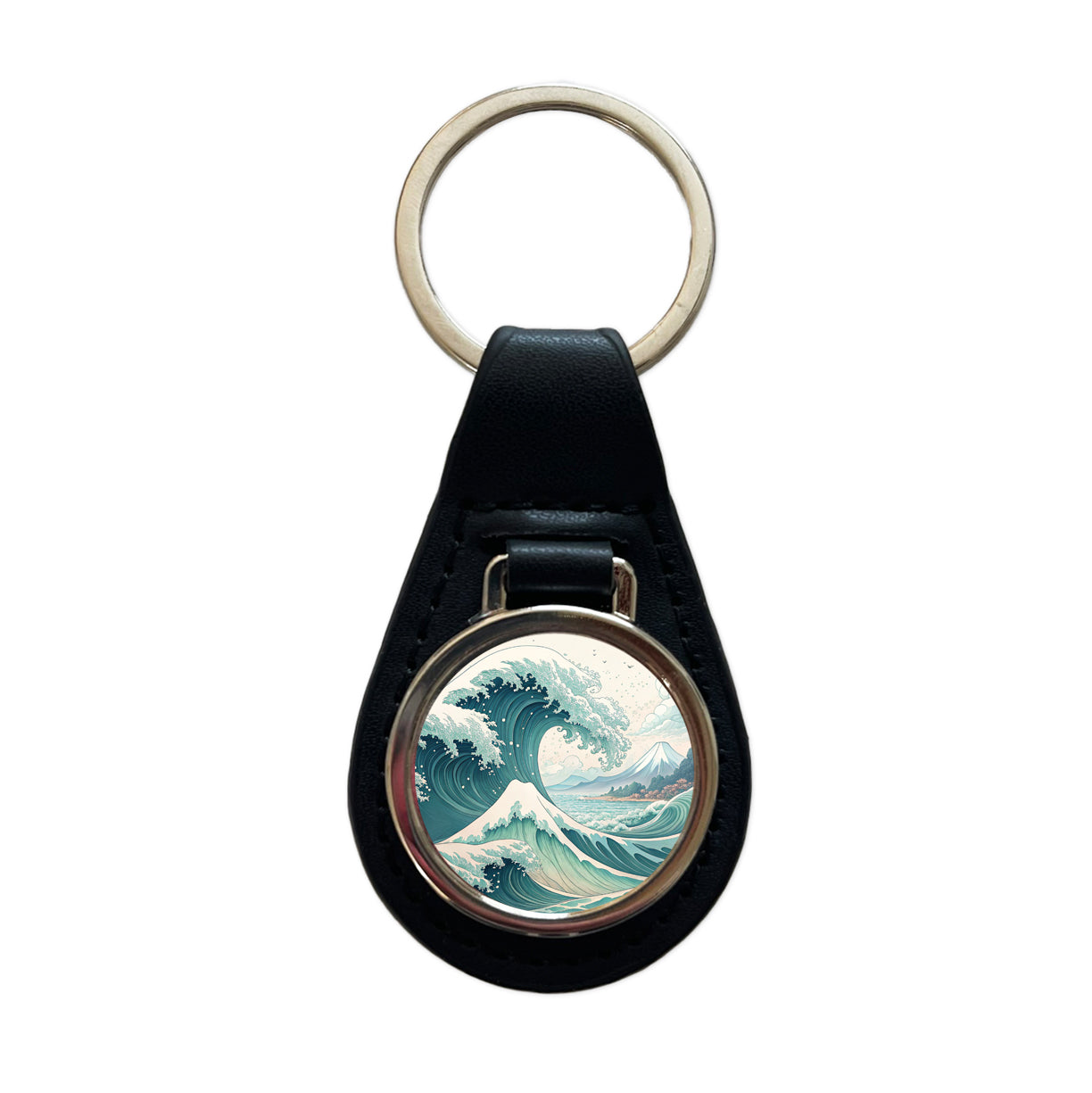 Japanese Ocean Waves Cartoon Black Leather Metal Keychain