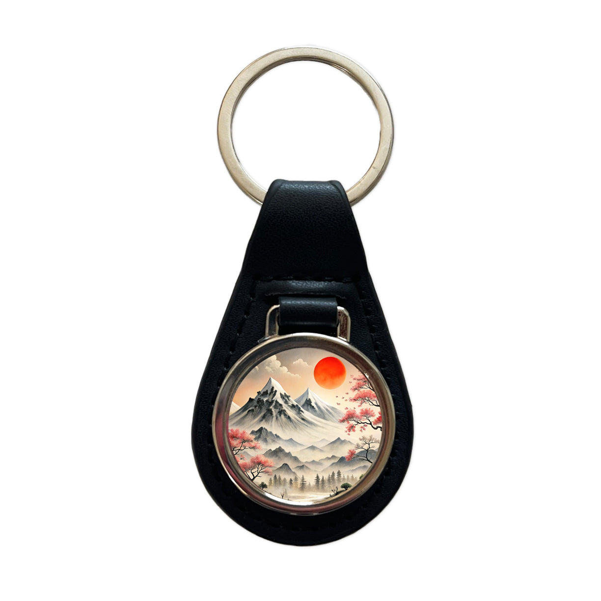 Japanese Style Ink Painting Landscape Mountains Under Red Sun Black Leather Metal Keychain