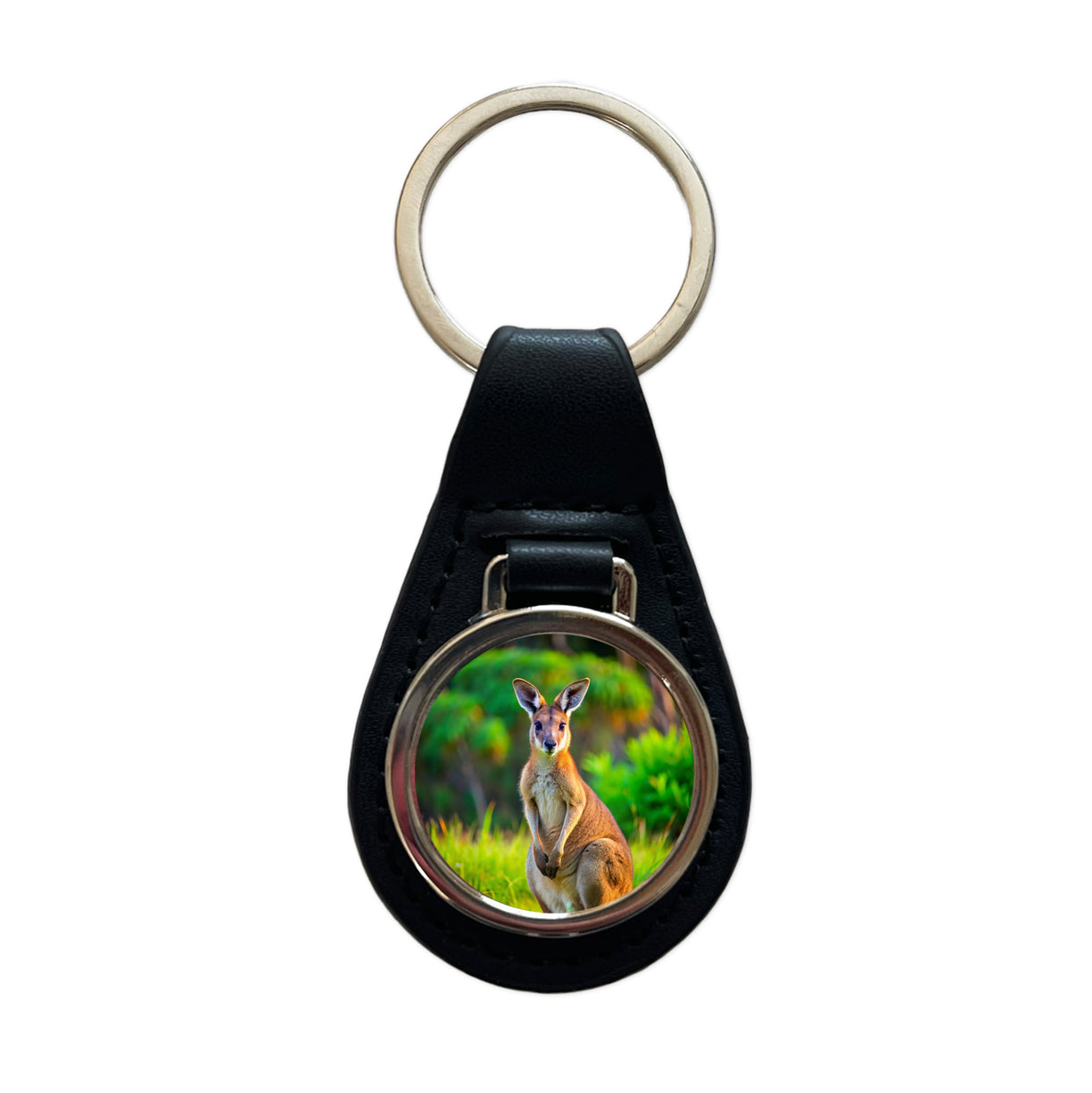 Kangaroo Black Leather Metal Keychain