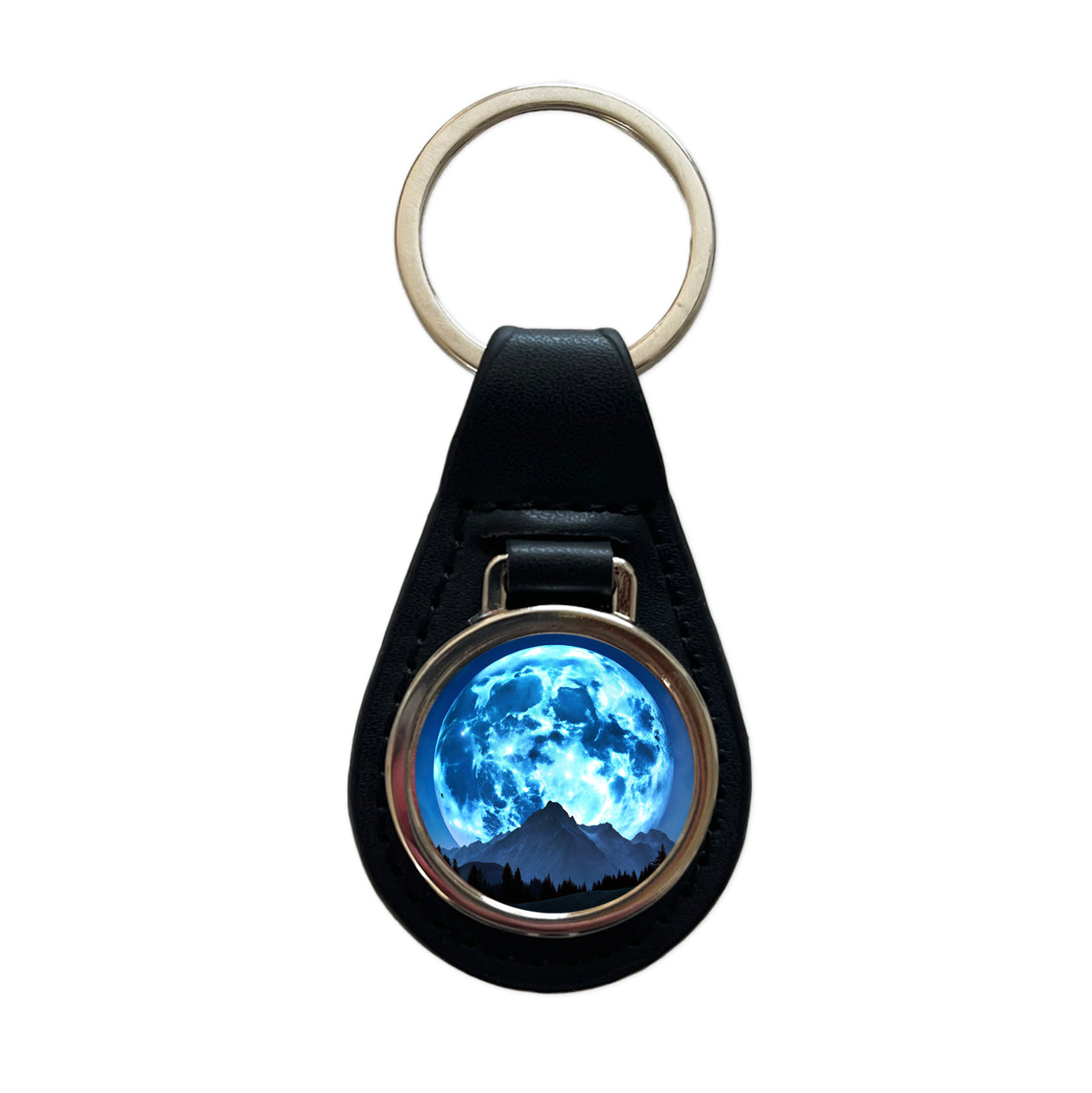 Large Blue Moon Over Mountain Range Black Leather Metal Keychain