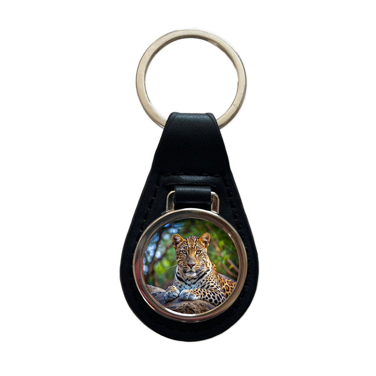 Leopard Black Leather Metal Keychain