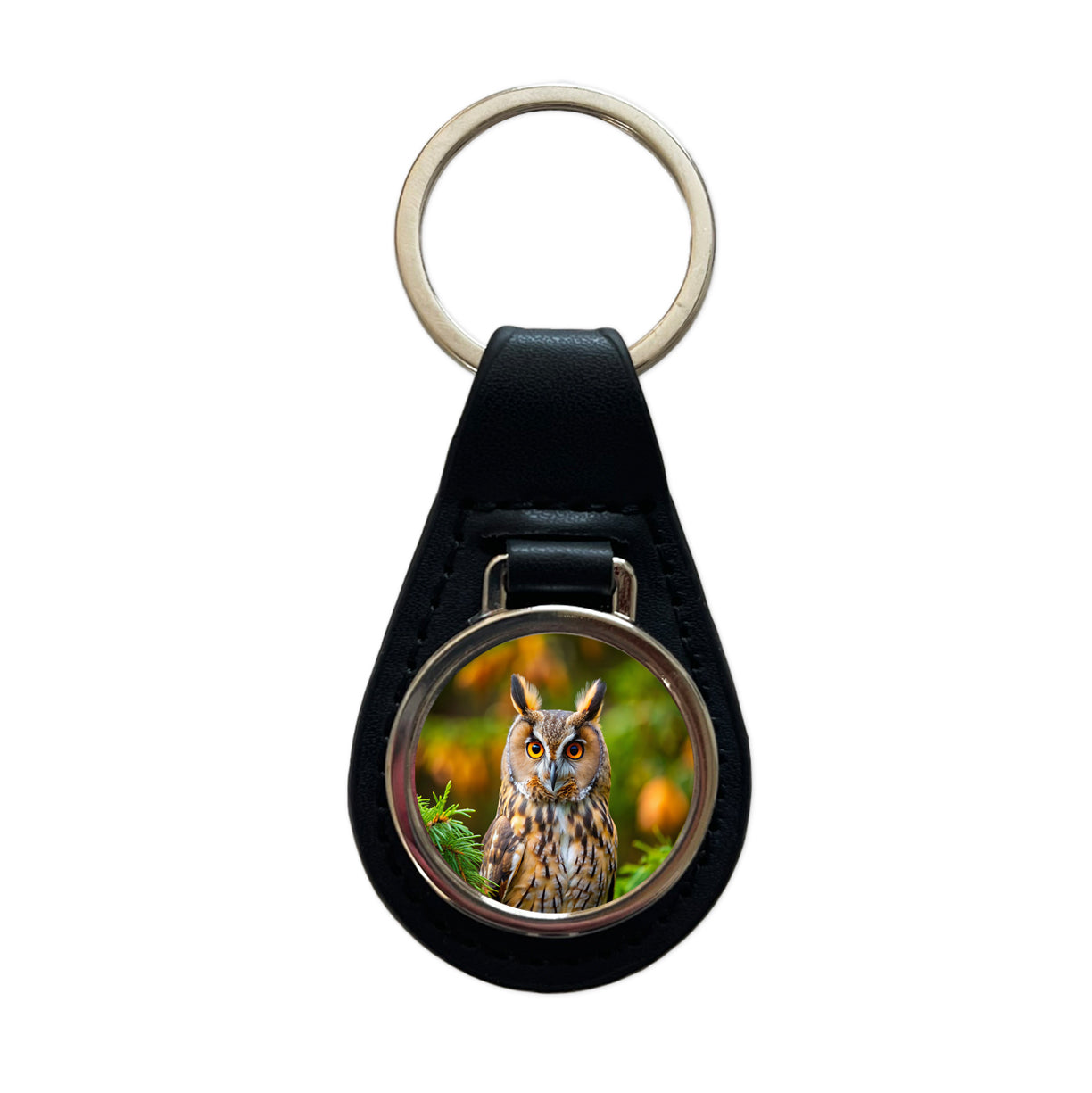 Long-Eared Owl Raptor Bird Of Prey Black Leather Metal Keychain