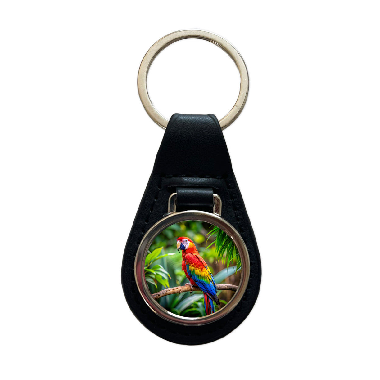Macaw Parrot Bird On Branch Black Leather Metal Keychain
