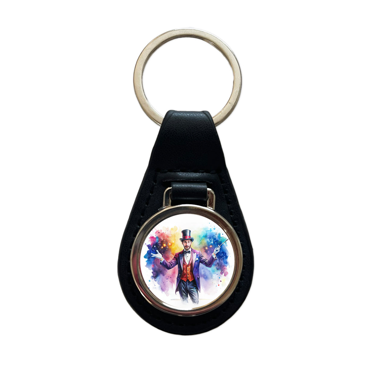 Magician Magic Watercolor Black Leather Metal Keychain