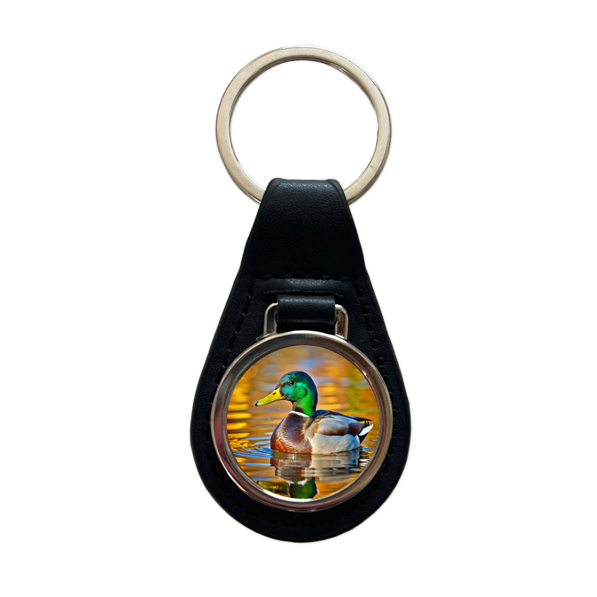 Mallard Duck Black Leather Metal Keychain