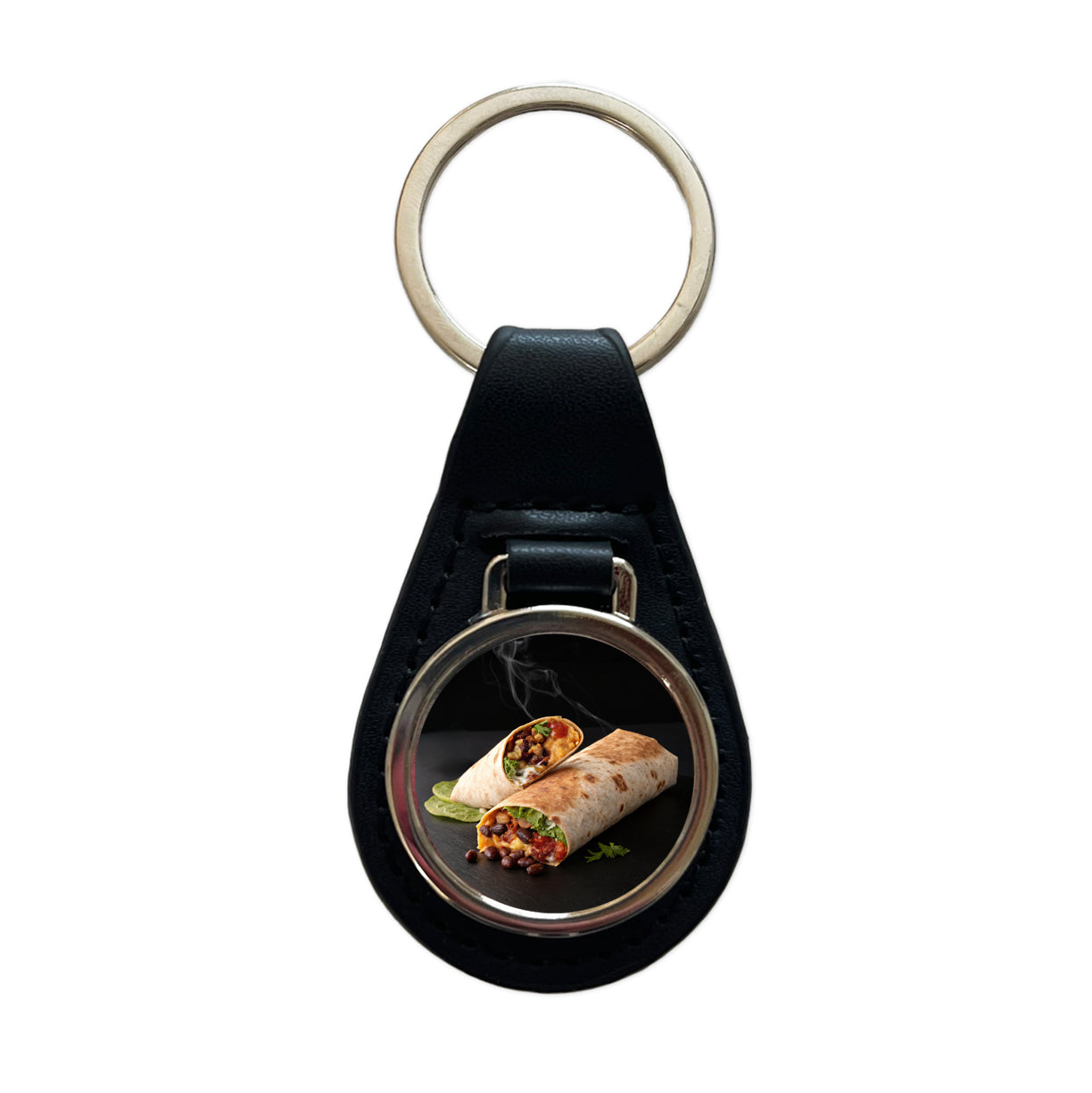 Mexican Burrito Black Leather Metal Keychain