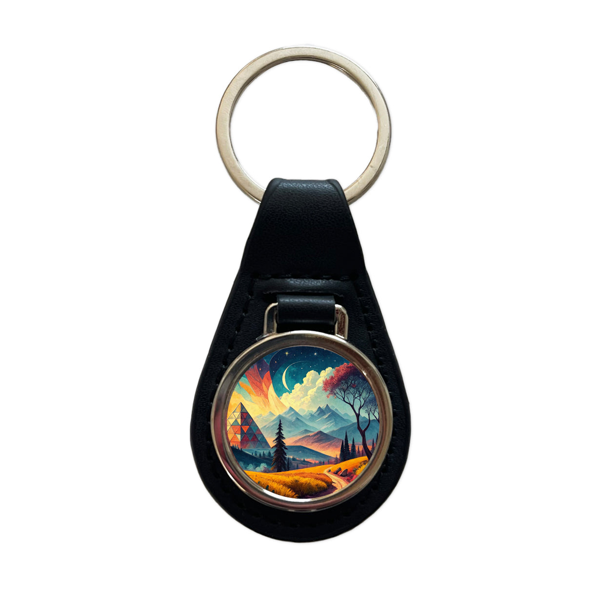 Modern Art Landscape Black Leather Metal Keychain