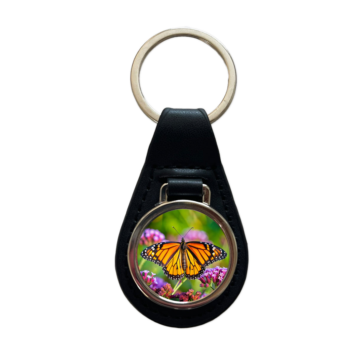 Monarch Butterfly Black Leather Metal Keychain