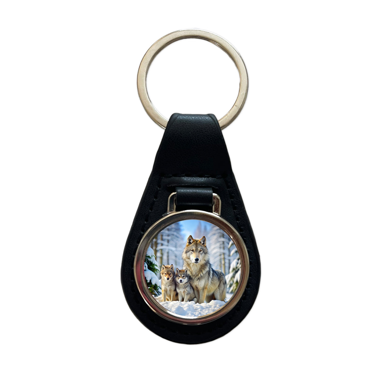 Mother Wolf And Pups In Winter Black Leather Metal Keychain