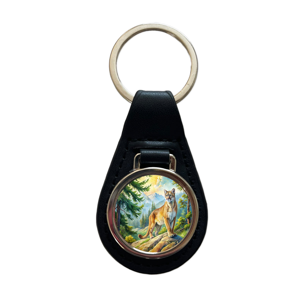 Mountain Lion Cougar In Woods Watercolor Black Leather Metal Keychain