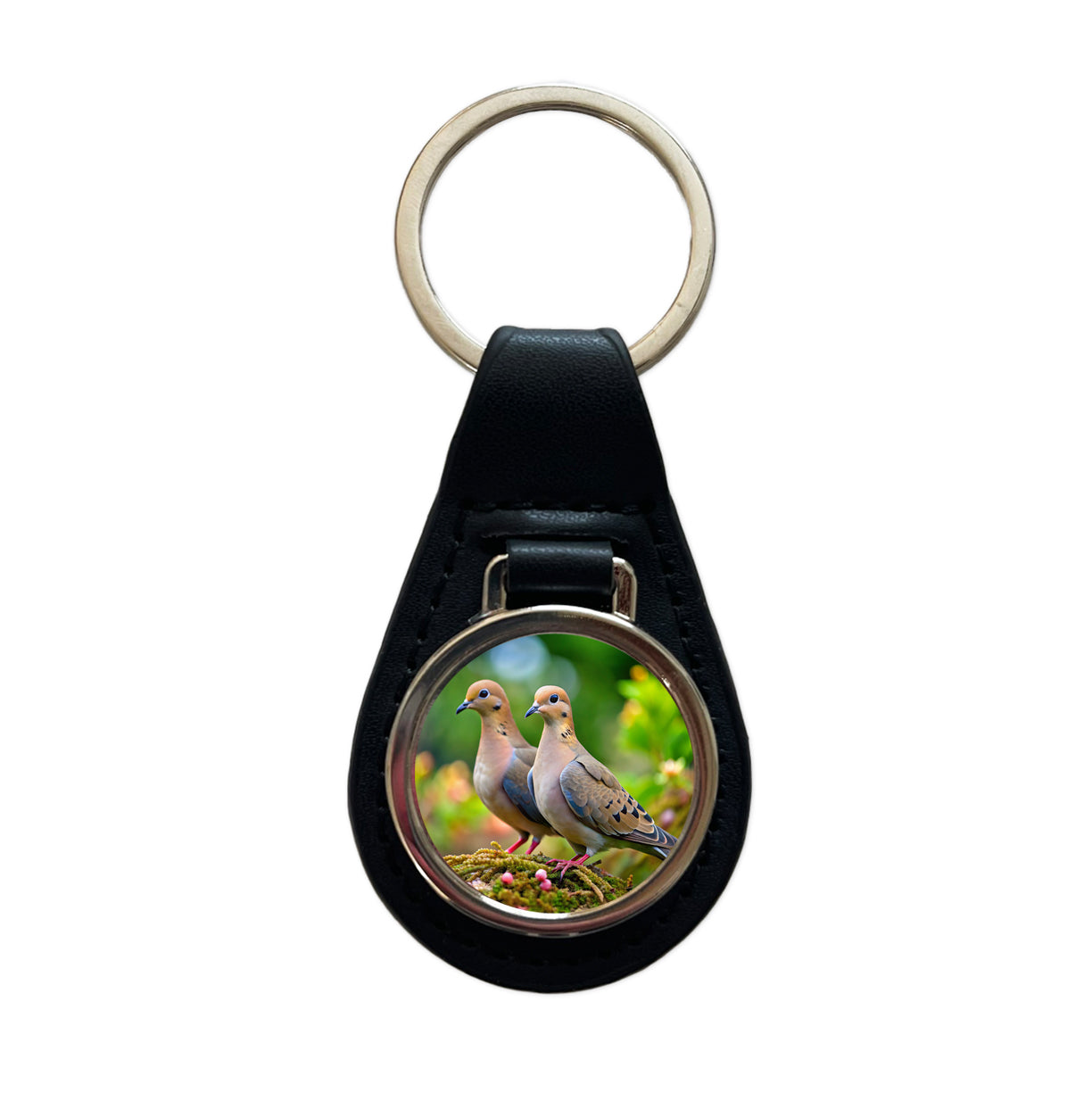 Mourning Doves Backyard Bird Black Leather Metal Keychain