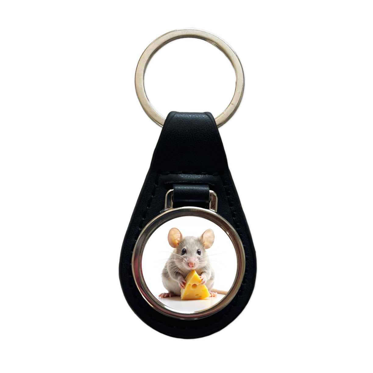 Mouse With A Piece Of Cheese Black Leather Metal Keychain