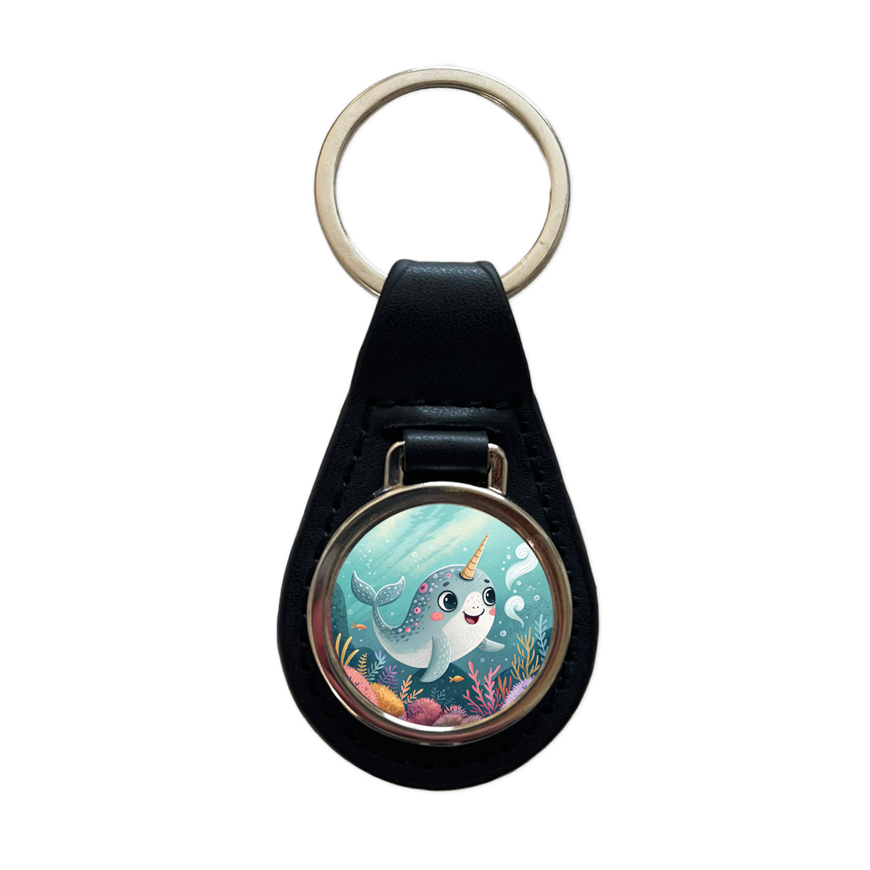 Narwhal Children's Illustration Style Black Leather Metal Keychain